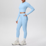 In-stock cross-border solid color brushed fabric nude-feel short jacket set with tight-fitting pockets for running, fitness, and yoga, two-piece set