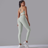 Cross-border European and American new seamless knit solid color backless tight-fitting high-waisted yoga outfit set for running and fitness two-piece set
