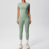 In-stock cross-border solid color double-sided brushed breathable tight-fitting fitness sports two-piece running and yoga outfit set