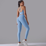 Cross-border European and American seamless knitted solid color high-elastic tight-fitting yoga outfit set, two-piece running and fitness wear for women