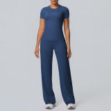Cross-border double-sided brushed solid color tight-fitting training long-sleeve wide-leg yoga outfit set for sports, running, and fitness two-piece set