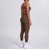 Cross-border European and American double-sided nylon brushed one-shoulder yoga outfit set, sports running fitness long pants two-piece set for women