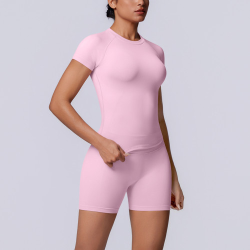 Cross-border European and American seamless solid color breathable tight-fitting high-elastic short-sleeve shorts set for women's sports, running, fitness, and yoga wear