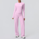New cross-border solid color brushed breathable zip-up jacket and wide-leg yoga outfit set for sports, running, and fitness two-piece set