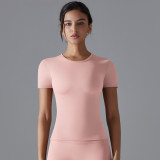 New solid color double-sided brushed high-elastic tight-fitting breathable yoga shirt with short sleeves for sports, running, and fitness