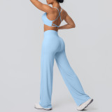 New cross-border brushed fabric sports bra with beautiful back design, breathable long wide-leg yoga outfit set, two-piece running and fitness set