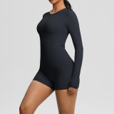 New cross-border European and American solid color double-sided nylon brushed long-sleeve yoga outfit set for sports, running, and fitness two-piece set
