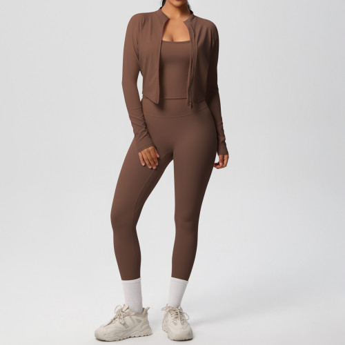 Cross-border European and American solid color brushed fabric breathable strap yoga outfit set, three-piece running and fitness sportswear for women