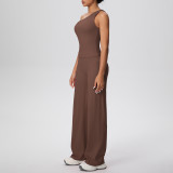New cross-border double-sided brushed fabric, naked-feel, solid color, tight-fitting, high-elasticity sports suit for running, fitness, and yoga, two-piece set