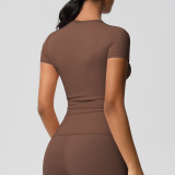 In-stock cross-border solid color double-sided brushed tight-fitting sports short-sleeve T-shirt for women, suitable for running, fitness, and yoga