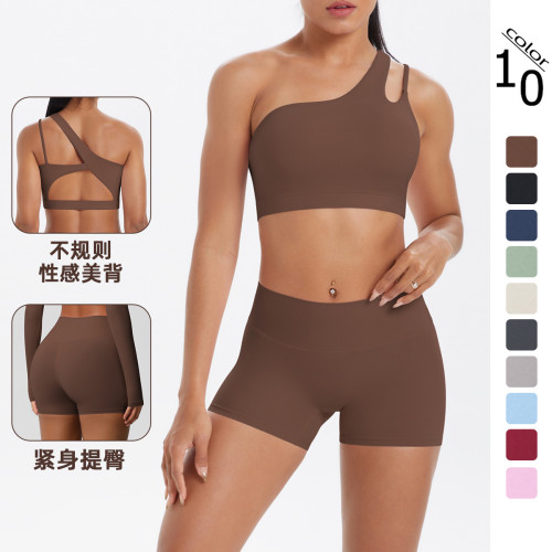 New cross-border European and American double-sided nylon brushed one-shoulder yoga outfit set for women, suitable for sports, running, and fitness