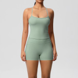 European and American cross-border solid color cloud-feel yoga pants with pockets, sports fitness breathable tank top, two-piece yoga outfit