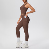 New cross-border double-sided brushed solid color breathable pocket long yoga outfit set for sports, running, and fitness two-piece set