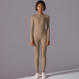 Cross-border European and American solid color high-elasticity half-zip tight-fitting long-sleeve jumpsuit for sports, running, fitness, and yoga