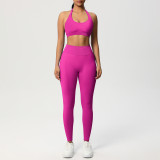 Cross-border seamless solid color halter neck sports bra yoga outfit set, tight-fitting running and fitness two-piece set