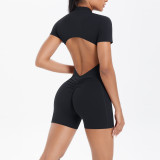 New cross-border European and American solid color zippered backless tight-fitting one-piece yoga suit, breathable sports running fitness jumpsuit