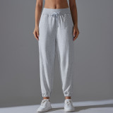 New drawstring solid color high-elasticity sports sweatpants, breathable loose yoga pants for training, running, and fitness, women's 7/8 length pants