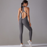 Cross-border solid color high-intensity tight-fitting nude-feel sports long one-piece yoga suit for women, suitable for running and fitness