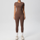 In-stock cross-border solid color double-sided brushed breathable tight-fitting fitness sports two-piece running and yoga outfit set