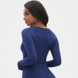 Cross-border European and American seamless knitted solid color tight-fitting high-elastic yoga top with long sleeves for women, suitable for sports, running, and fitness