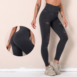 Clearance Sale: New Cross-Border Washed Yoga Pants with Holes and Hollow Design, Seamless High-Waisted Sports Cropped Pants, Butt-Lifting Fitness Pants for Women