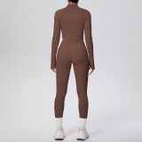 In-stock cross-border solid color double-sided brushed naked-feel short jacket set, tight-fitting running fitness yoga two-piece outfit