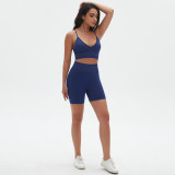 Cross-border seamless knitted solid color high-elastic tight-fitting sexy yoga outfit set with camisole and beautiful back design for running and fitness two-piece set