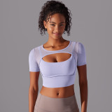 Classic solid color spliced mesh sexy double-layer short-sleeve camisole bra running fitness double-layer yoga top for women