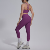 Cross-border double-sided nylon solid color cross-back tight-fitting nude-feel sportswear set for running, fitness, and yoga