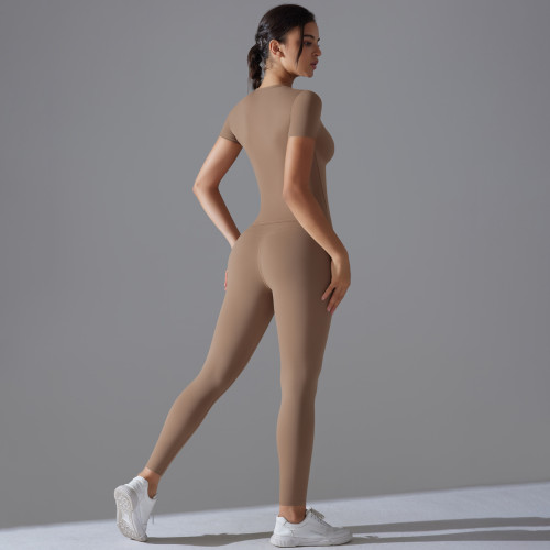 New solid color double-sided brushed tight-fitting high-elastic breathable yoga outfit set for women, suitable for running, fitness, and sports