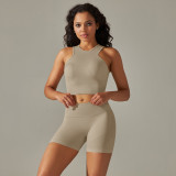 Cross-border women's seamless knitted solid color tank top and butt-lifting shorts yoga set for sports, running, and fitness