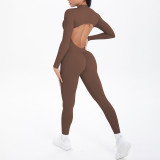 New cross-border double-sided nylon solid color backless hollow long-sleeve jumpsuit for sports, running, fitness, and yoga