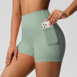 Cross-border European and American brushed solid color pocket high-waisted tight high-elastic yoga shorts for women, suitable for sports, running, and fitness