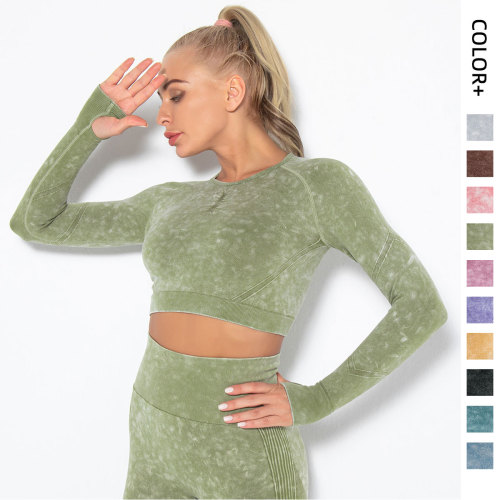 In stock!New European and American style sexy fitness wear for women, tight-fitting, quick-drying, washable sports running long-sleeve top, yoga wear