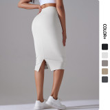 Nude-feel high-waisted tight-fitting bodycon skirt, sports midi skirt, high-elasticity, brushed fabric, mid-length, slit, casual yoga skirt for women
