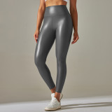 New European and American style cross-border elastic PU leather pants for women, colorful high-waisted tight-fitting butt-lifting yoga leggings for outdoor wear