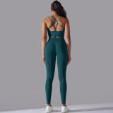 Cross-border European and American new seamless knit solid color backless tight-fitting high-waisted yoga outfit set for running and fitness two-piece set