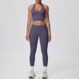 Cross-border European and American seamless tight-fitting halter neck backless yoga outfit set for women, two-piece running sports fitness yoga wear