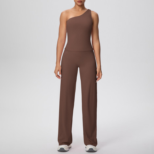New cross-border double-sided brushed fabric, naked-feel, solid color, tight-fitting, high-elasticity sports suit for running, fitness, and yoga, two-piece set