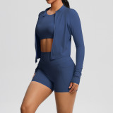 Cross-border cloud-feel brushed short-sleeve sports zip-up jacket, pocket shorts, butt-lifting fitness yoga outfit three-piece set
