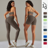 New cross-border seamless solid color high-elastic sports bra and underwear yoga outfit set for running and fitness, two-piece set