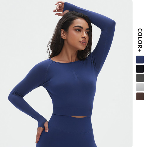 Cross-border European and American seamless knitted solid color tight-fitting high-elastic yoga top with long sleeves for women, suitable for sports, running, and fitness