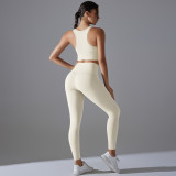 New solid color no-underwear required fixed-cup beautiful back sports yoga set, tight-fitting high-elastic fitness antibacterial yoga wear
