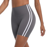New cross-border striped fitness tight high-waisted peach-colored three-quarter shorts with contrasting colors, breathable sports running yoga shorts for women