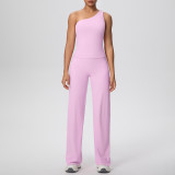 New cross-border double-sided brushed fabric, naked-feel, solid color, tight-fitting, high-elasticity sports suit for running, fitness, and yoga, two-piece set