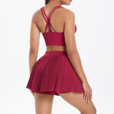 Cross-border European and American solid color tight-fitting brushed fabric cross-back short skirt two-piece set for running, fitness, training, and yoga