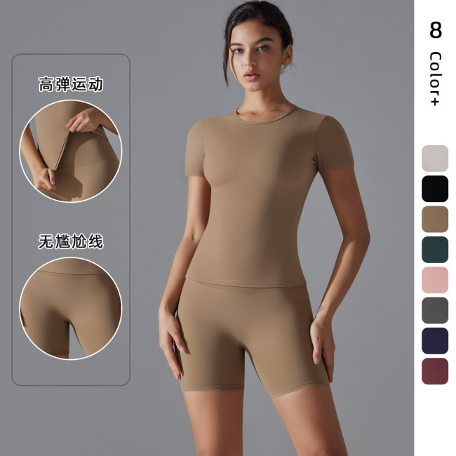 New Spring Double-Sided Nylon Quick-Dry Yoga Outfit Short-Sleeve Fitness Set Outdoor Running Sports Two-Piece Set for Women