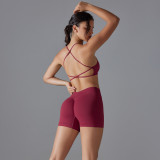 New seamless solid color cross-back high-elastic tight-fitting sports bra and yoga outfit set for running and fitness two-piece set