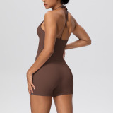 Cross-border solid color brushed fabric backless tight-fitting halter neck pocket yoga outfit set with sports running shorts two-piece set
