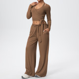 New cross-border solid color brushed breathable tight-fitting high-elastic yoga outfit set for sports, running, fitness, and yoga - three-piece set
